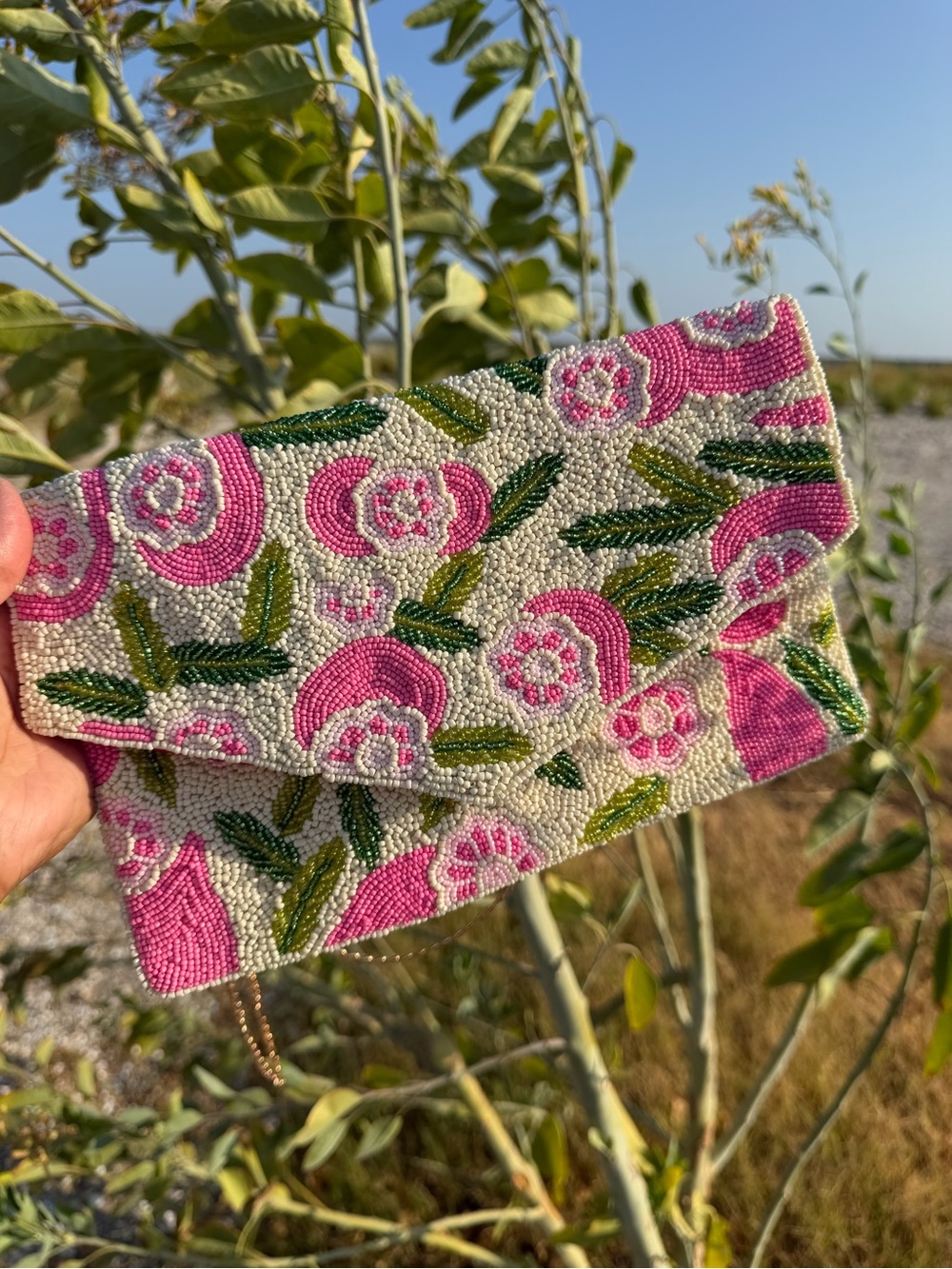 Pink Floral Beaded Envelope Clutch Green White Flower Purse